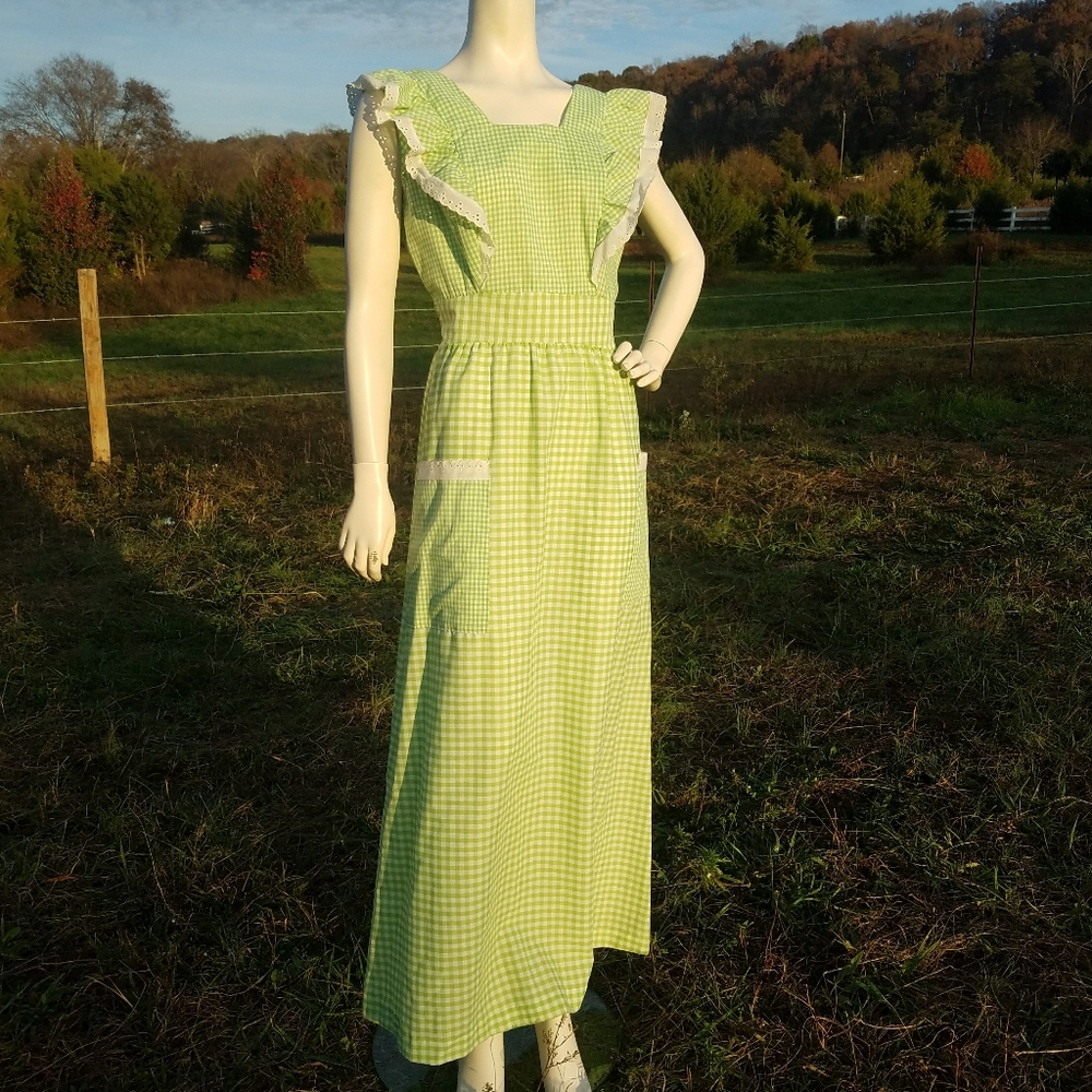 VTG Long Checkered Ruffle Dress 60's 70's 6 M - Picture 1 of 11